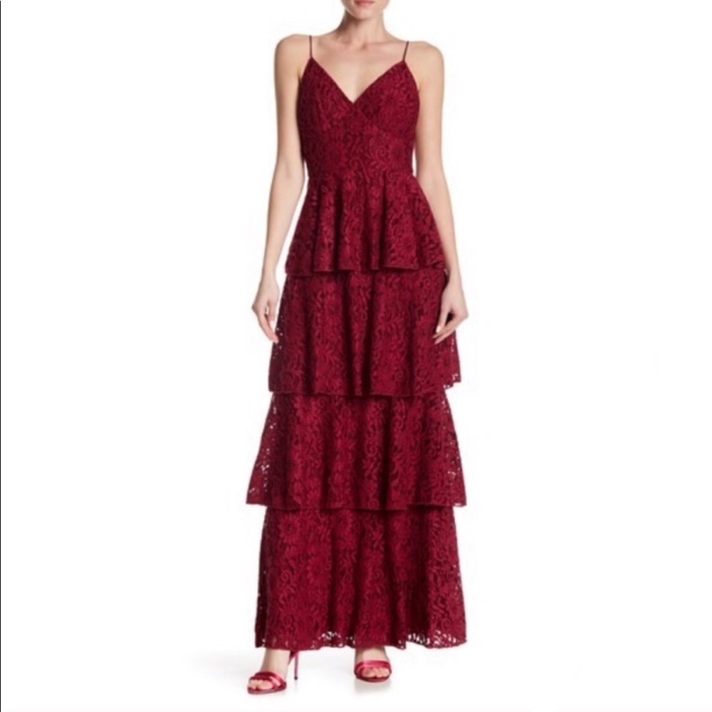 Monique Lhuillier Red Lace Tiered Maxi Dress Gown